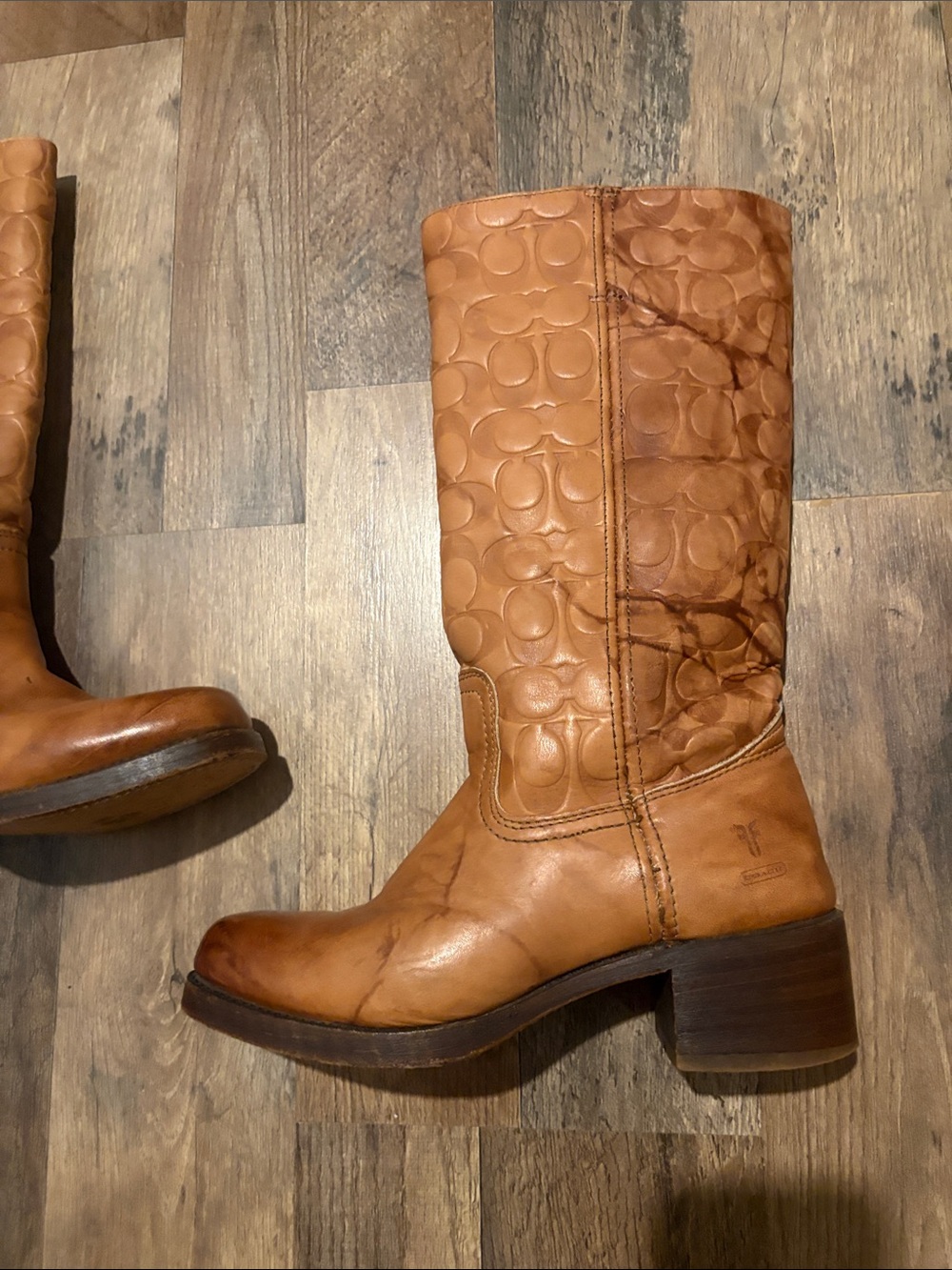 Frye Campus Boots Frye/Coach Cognac Leather Embossed Logo Boots - Picture 3 of 15